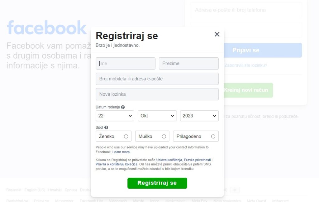 Facebook informacije za registraciju
