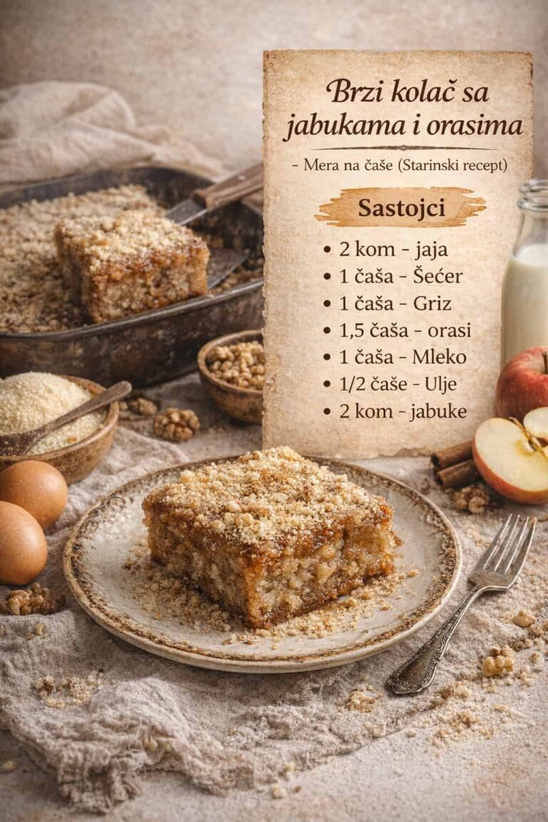 Brzi kolač s jabukama i orasima – mjera na čaše (starinski recept)