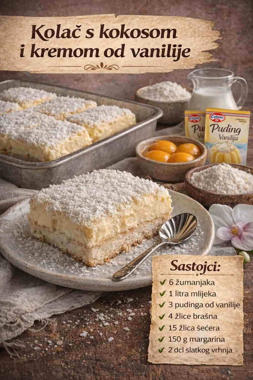 KOLAČ S KOKOSOM I KREMOM OD VANILIJE: Sočan, kremast i preukusan